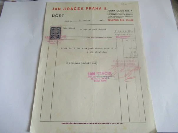 Praha II. - Jan Jiráček - Křesla, Anglické pohovky polštářové všech modelů, tyče záclonové a záclony, žíněnky , tapety - 1938