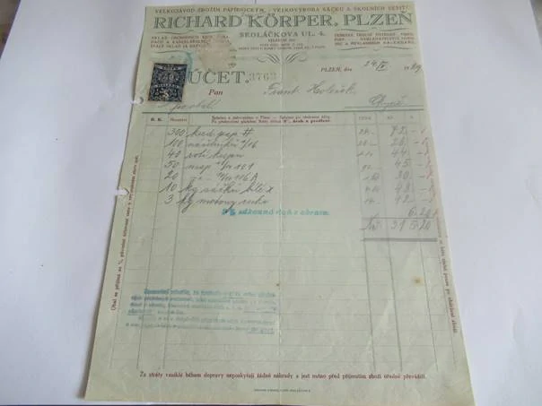 Plzeň - Richard Körper - Sklad obchodních knih, pořadačů a kancelářských potřeb, stálý sklad baterií a obalů - 1929