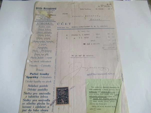 Praha-Vysočany - Ottilie Meisnerová - Továrna plechového zboží - Výrobky: Kouřící roury, uhlová kolena, uhlové zákopky, uhláky kulaté.. - 1927