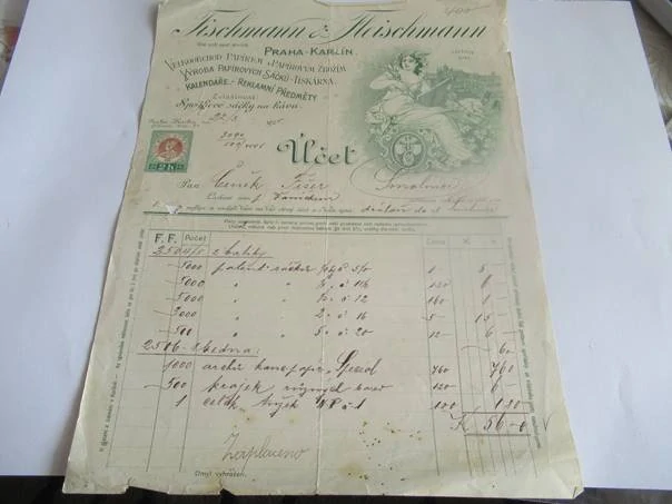 Praha-Karlín - Fischmann & Fleischmann - Velkoobchod papírem a papírovým zbožím, Výroba papírových sáčků-Tiskárna, Kalendáře - reklamní předměty, Spodkové sáčky na kávu - 1905