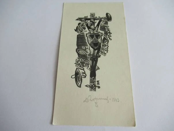 Originální signované exlibris – Hudební motiv (1983) – Dainis Rožkalns (Riga) 13,5x7 cm