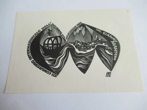 Originální exlibris Anatolij Kalašnikov, 10,5 × 7 cm – XII. mezinárodní kongres Como 1968 pro Ing. Gianni Mantero