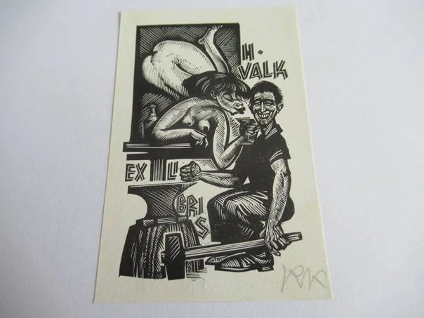 Signované exlibris Richard Kaljo, 9,5 × 6 cm – Pro významného estonského karikaturistu H. Valka (1971)