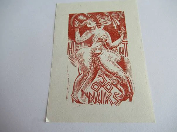 Barevné erotické exlibris Richard Kaljo, 10 × 7 cm – Motiv ženského aktu se dvěma tvářemi pro Helmut Joonuks (Estonsko)