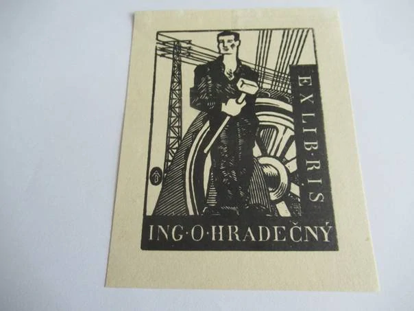 Prvorepublikové exlibris Ing. O. Hradečný, 12 × 9,5 cm – Alois Burke (Praha 1930)