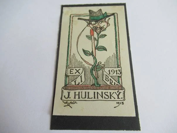 Secesní kolorované exlibris J. Hulinský, 11,5 × 6,5 cm – Václav Rytíř (1913)