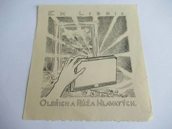 Exlibris Oldřich a Růža Hlavatých, 12 × 11 cm – Josef Života (Lázně Bělohrad 1944)