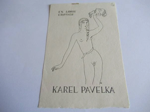 Sběratelské erotické exlibris Karel Pavelka, 14,5 × 9,5 cm – Mikuláš Galanda (1934)