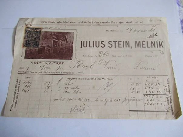 Mělník - Julius Stein - Továrna lihovin, velkoobchod vínem, sklad čistého i denaturovaného líhu a vývoz okurek, zelí atd. - 1921