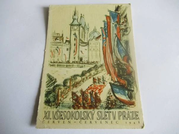 Praha - XI. Všesokolský slet - červen - červenec 1948 - Závody na Akumulatory a baterie - národní podnik Bateria - Slaný