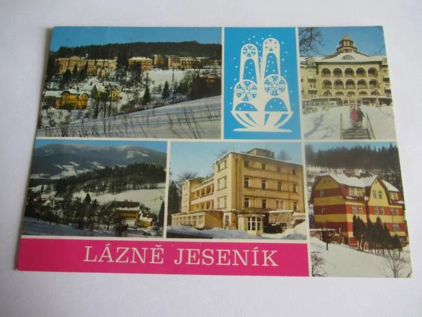 Lázně Jeseník - Celkový pohled - Průčelí Priessnitzova sanatoria - pohoří Šeráku - Léčebný ústav J. Wolkera - Hotel Slunný dvůr