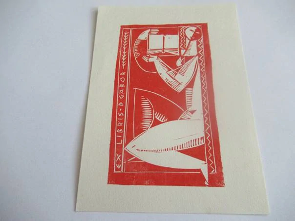Exlibris D. Gábor – Klečící akt s knihou | Ferenc Deák, originální červený linoryt, 13x9 cm