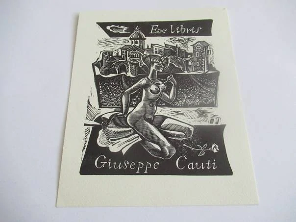 Erotické exlibris Giuseppe Cauti – Akt a veduta | Michel Jamar (Francie), originální dřevoryt, 12,5x10,5 cm