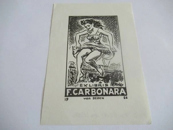 Exlibris F. Carbonara – Tancující žena | Erik Bronsdorf von Deden, originální linoryt 1956, 14,5x10 cm