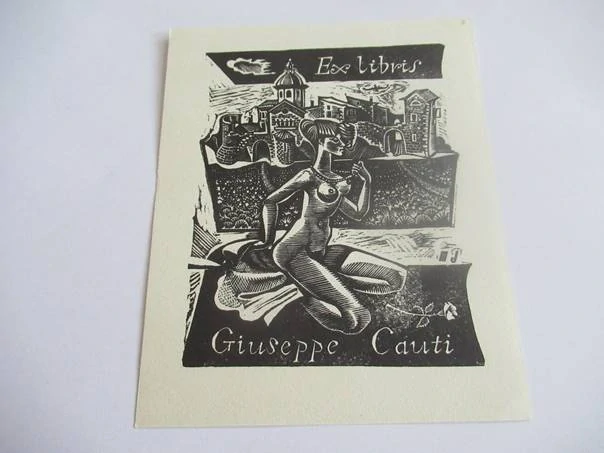 Erotické exlibris Giuseppe Cauti – Akt a veduta | Michel Jamar (Francie), originální dřevoryt, 12,5x10,5 cm