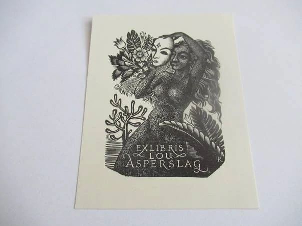 Exlibris Lou Asperslagh – Žena s maskou | Pam G. Rueter, originální dřevoryt 1955, 9,5x7,5 cm