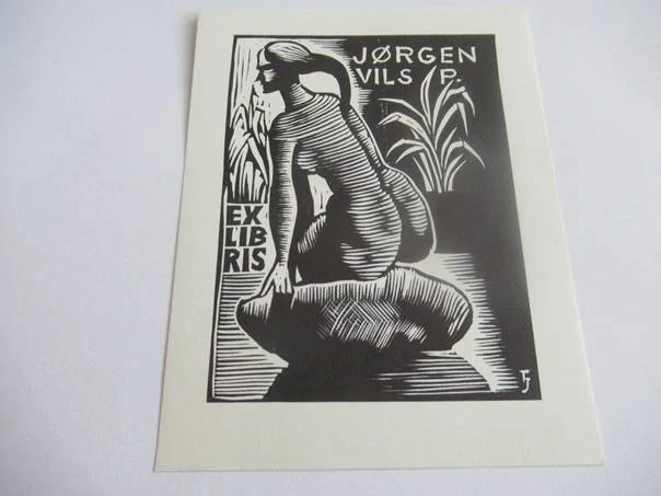 Erotické exlibris J. Vils Pedersen – Akt na skále | József Farkas, originální dřevoryt, 12x9,5 cm