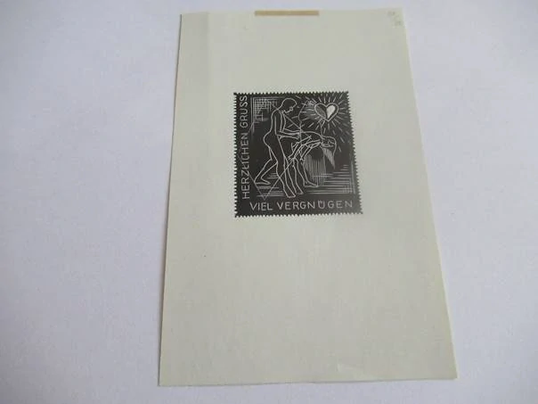 Erotická novoročenka (Známka) | Fr. Kühn, originální linořez X5 z roku 1960, 10,5x6,5 cm