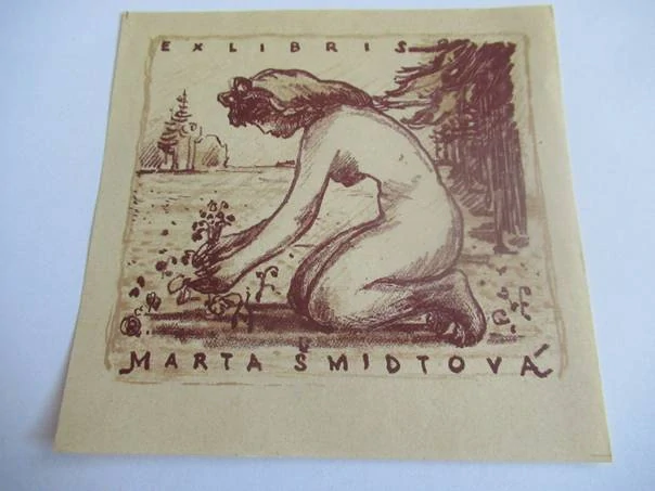 Originální Litografie Exlibris Marta Šmidtová – Oldřich Karel 1944 (11 x 10,5 cm)