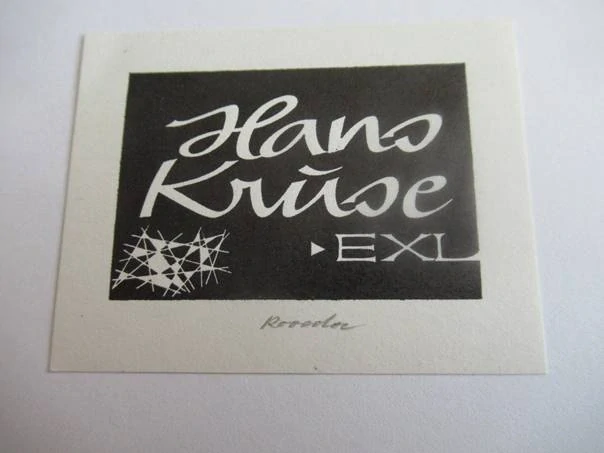 Originální Linoryt Exlibris Hans Krüse – Roland Roveda 1970 (6,5 x 5 cm)