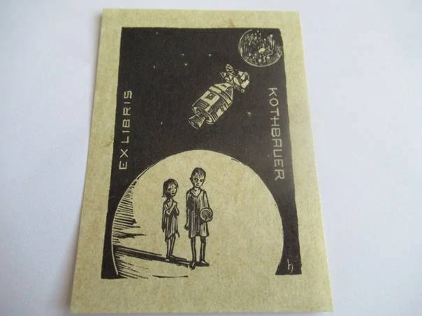 Originální Dřevoryt Exlibris Kothbauer Space Age Vesmír – Hans Hauke (10,5 x 7,5 cm)