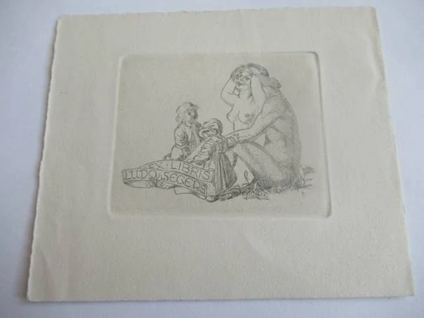 Originální Hlubotisk Exlibris Ludo Segers Ženský Akt Děti – Hans Hauke 1956 (12,5 x 10,5 cm)