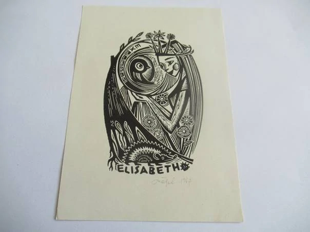 Originální Linoryt Exlibris Elisabeth – Motiv Sova a Ježek – Silvi Väljal 1967 (14,5 x 10 cm)