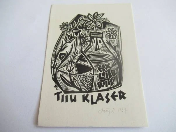 Originální Linoryt Exlibris Tiiu Klaser – Motiv Zátiší s květinami a šnekem – Silvi Väljal 1967 (10 x 7 cm)