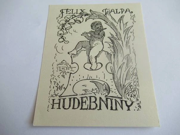 Originální Zinkografie Exlibris Felix Talpa Hudebniny – Motiv Putto s flétnou a konvalinky – Antonín Kubát 1943 (10,5 x 8,5 cm)