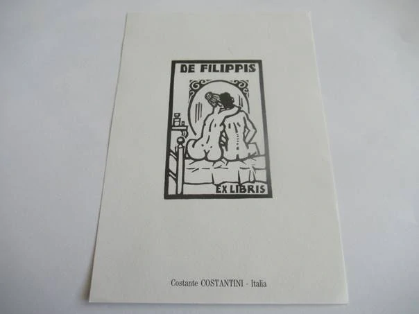 Originální Linoryt Exlibris De Filippis – Motiv Milenci před zrcadlem a ložnice – Costante Costantini (16 x 11 cm)