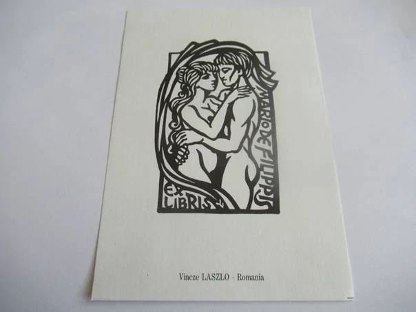 Originální Linoryt Exlibris Mario De Filippis – Motiv Objímající se milenci – Vincze László (16 x 11 cm)