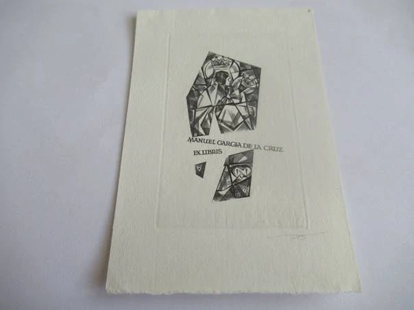 Originální Mědirytina Exlibris Manuel Garcia de la Cruz – Motiv Kubistická Madona s dítětem – Andrzej Bortowski (13 x 8,5 cm)