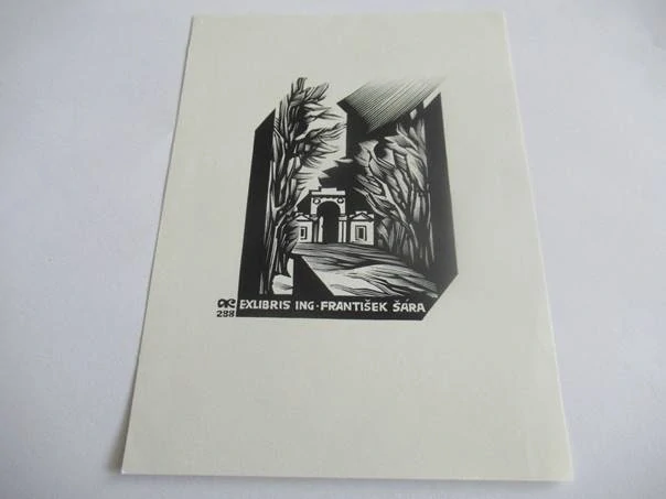 Exlibris Ing. František Šára, 1974, Anatoly Kalashnikov – X2 dřevoryt, 13,5 × 10 cm