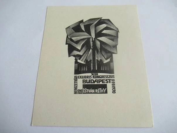 Exlibris XIII. Mezinárodní kongres Budapešť, 1970, Anatoly Kalashnikov – X2 dřevoryt, 12,5 × 10 cm