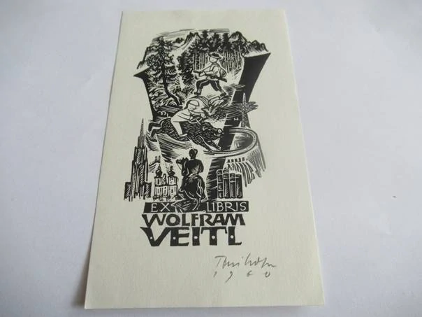 Exlibris Wolfram Veitl, 1960, Prof. Toni Hofer – X2 dřevoryt, 14,5 × 9 cm
