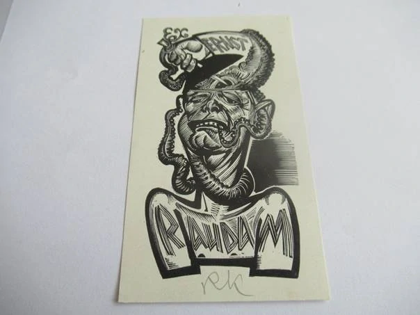 Exlibris Ernst Raudam – Richard Kaljo, 1960 – Autorský signovaný dřevoryt, 10 × 5,5 cm