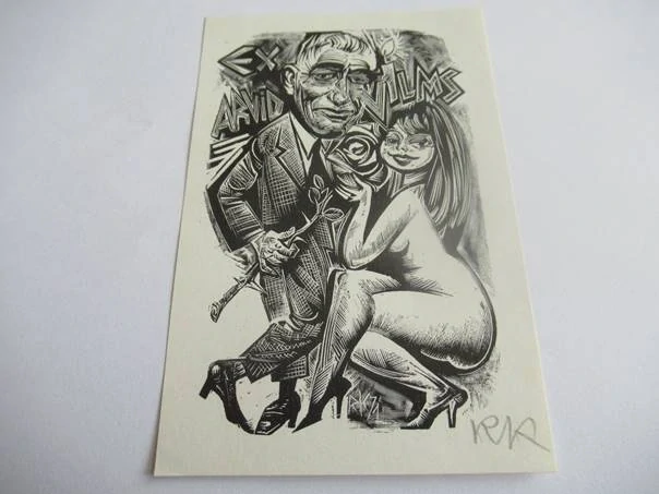 Exlibris Arvid Vilms – Richard Kaljo, 1971 – Autorský signovaný dřevoryt, Ženský akt, 11,5 × 7,5 cm