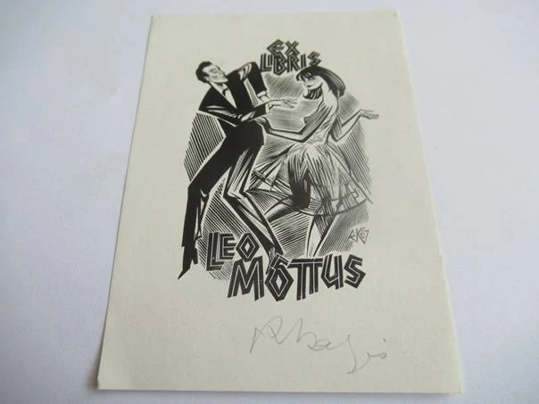 Exlibris Leo Mõttus – Richard Kaljo, 1967 – Autorský signovaný dřevoryt, Tanec, 11,5 × 8 cm