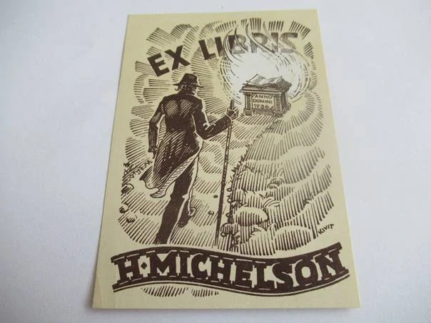 Exlibris Poutník – H. Michelson, 1936, Richard Kiwit – Zinkografie / knihtisk, 10 × 7 cm