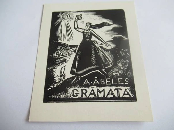 Exlibris Kniha A. Ābele (Žena se sluncem) – Kārlis Baumanis, 1956 – X2 dřevoryt, 10,5 × 8,5 cm
