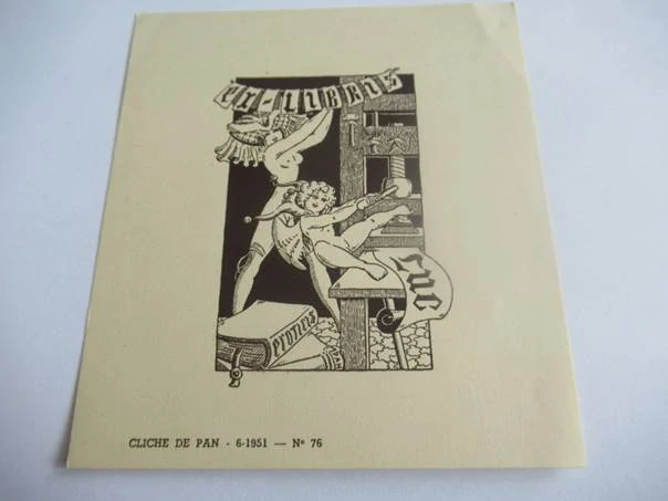 Exlibris Tiskárna (Ženský akt a amor) – Cliche de Pan, 1951 – Originální štočkový zinkografický tisk, 12 × 11 cm