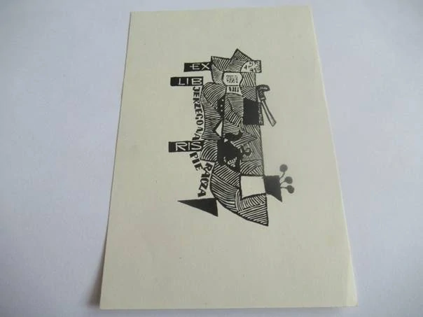 Profesionální originální Exlibris (Dřevoryt X2) Jerzego Napieracza / Pieczara – Motiv Abstraktní figurální kompozice – Jerzy Napieracz (14x9 cm)