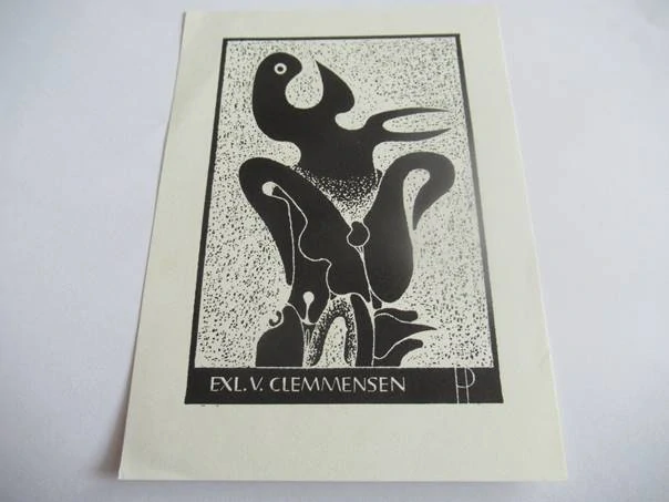 Profesionální originální Exlibris (Zinkoryt X5) V. Clemmensen – Motiv Abstraktní surrealistická kompozice – Henryk Płóciennik (13,5x10 cm)