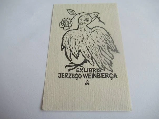 Profesionální originální Exlibris Jerzego Weinberga – Motiv Pták (havran / krkavec) a růže – Zbigniew Dolatowski (10,5x6,5 cm)