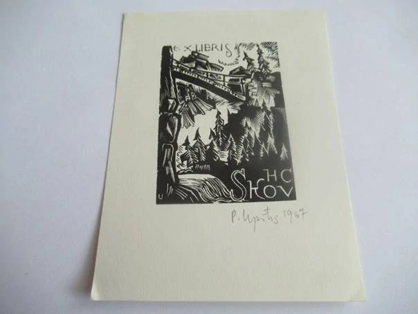 Profesionální originální Exlibris (Dřevoryt X2) HC Skov – Motiv Horská krajina s mostem a lesem – Prof. Pēteris Upītis (14x10,5 cm)