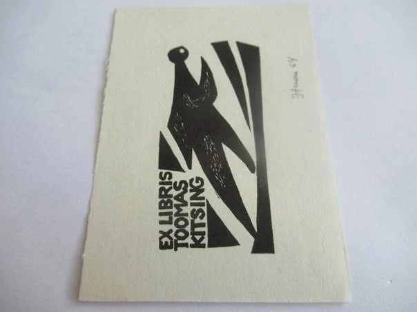 Exlibris – pro Toomase Kitsinga – Jüri Arrak – (1964), originální dřevoryt (autorský tisk), avantgardní motiv se stylizovanou postavou – 10 x 7 cm