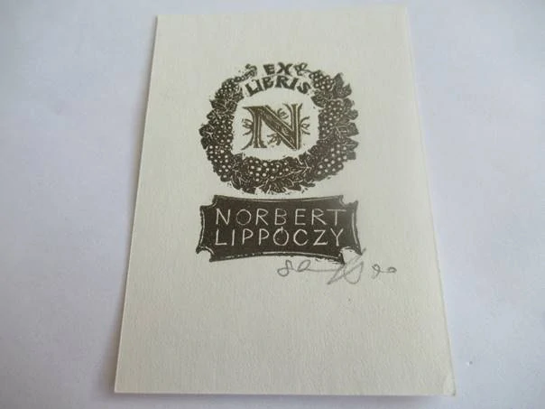 Exlibris – pro Norberta Lippóczyho – Józef Szuszkiewicz – (1970), X2 (dřevoryt), motiv s vinným věncem – 10 x 7 cm
