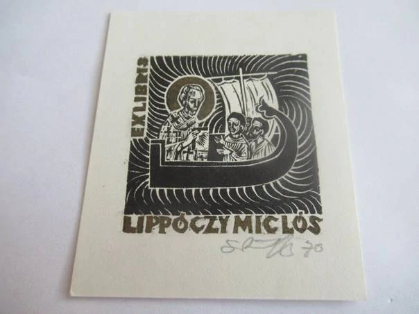 Exlibris – pro Miklóse Lippóczyho – Józef Szuszkiewicz – (1970), X2 (dřevoryt), motiv se svatým Mikulášem na lodi – 8,5 x 7 cm