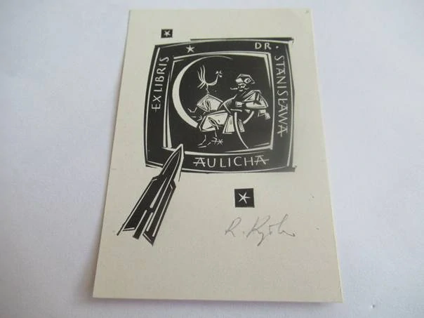 Exlibris – pro Dr. Stanisława Aulicha – Ryszard Krzywka – X2 (dřevoryt), vesmírný motiv s Panem Twardowským na Měsíci – 8,5 x 6 cm