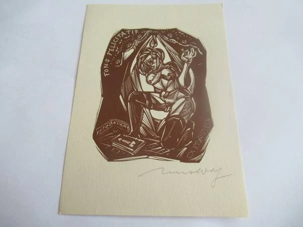 Exlibris – Fons Felicitatis – Reinhard Wolf – (1970), X3 (linoryt), erotický akt ženy – 15 x 10,5 cm